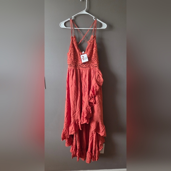 NWT Perfectly Priscilla "Too Good For You" Lace Maxi Dress In Brick Red Sz L - Picture 1 of 5